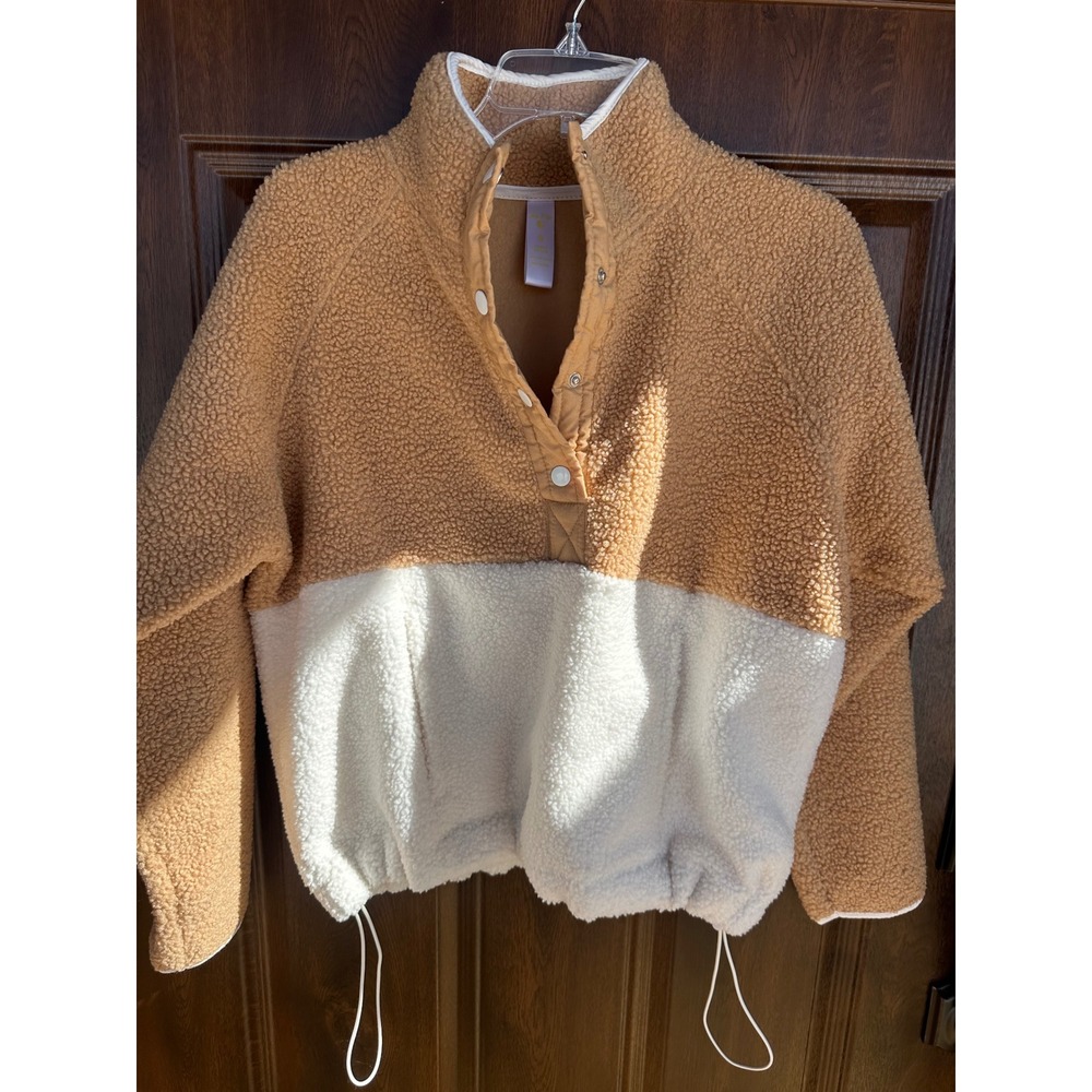 Tone it Up Women's 3/4 Snap Terry Faux Fleece Sherpa Hoodie | Tan & Cream | SZ S